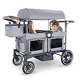 Kinder King Folding Wagon Stroller for 2 Kids, All-Terrain 2 Seater Stroller Wagon Outdoor, Removable Canopy, Adjustable Handle, Shock-Absorbing Wheel, Detachable Tray, Parent Organizer, Gray