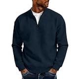 Men's Classic Linen Shirts Long Sleeve Striped Banded Collar Button Up Shirt with Pocket Business Casual Office Top Navy