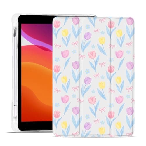 MAYCARI Tulip Garden Bow Case for iPad 10.2 inch,Cute Tablet Cover for iPad 9th/8th/7th Generation 2021/2020/2019 with Pencil Holder+Auto Sleep/Wake+Trifold Stand,White Leather Soft TPU Back Shell
