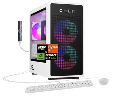 HP OMEN 35L AI Gaming Desktop PC (AMD Ryzen 5 8400F, GeForce RTX 5060 8GB GDDR7, 16GB DDR5, 128GB PCIe SSD + 2TB HDD, Win 11 Home) w/DKZ USB Port Expander