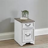 Pemberly Row 2 Drawer Mobile File Cabinet, Rubberwood Construction, Antique White Finish with Weathered Brown Top, Full Extension File Drawers, Casters for Easy Mobility, Home Office Storage Solution