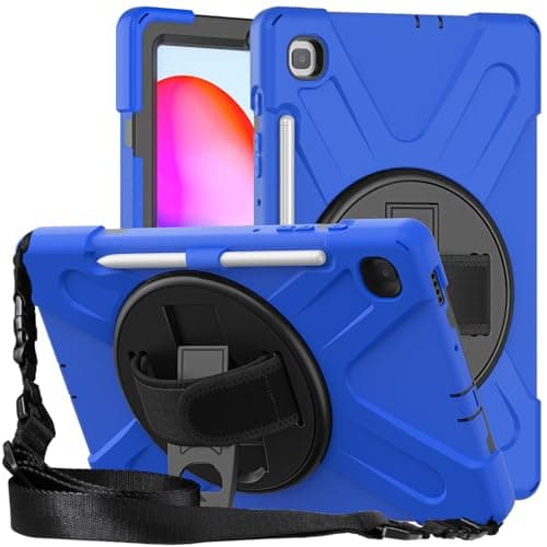 for Galaxy Tab S6 Lite Case, P610/P615/P613/P619/P620, Shockproof Heavy Duty Protective Cover for Samsung Galaxy Tab S6 Lite 10.4", 360° Rotating Hand Strap, Kickstand, Silicone, Shoulder Strap, Blue