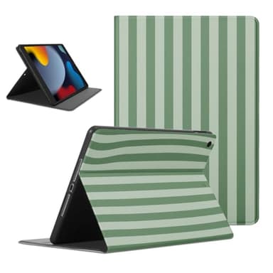 Mrtponk Classic Green Grey Striped Tablet Case for iPad Pro 2021/2020/2018 12.9", Aesthetic Trendy Tripe Pretty Geometric Vertical Line Cases Soft TPU Protective PU Flip Holder Cover for Girl Boy