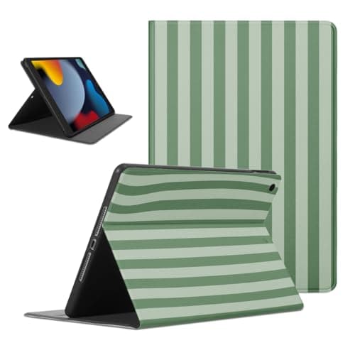 Mrtponk Classic Green Grey Striped Tablet Case for iPad mini 3/2/1 7.9", Aesthetic Trendy Tripe Pretty Geometric Vertical Line Cases Soft TPU Protective PU Leather Flip Holder Cover for Girl Boy