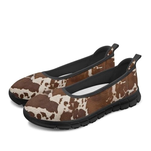 Watdotory Brown Cow Print Shoes for Women Slip On Loafer Flats Soft Round Toe Dress Shoes Lightweight Comfort Mesh Footwear for Everyday Wear US 10