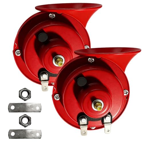 YUPIKJI 2PCS 300DB Super Loud Train Horns, Air Horn, 12V Waterproof Air Electric Snail Horn Replacement Kit, Durable High Tone Car Horns Kit Universal for Car, Truck, Boat (Red, 2PCS)