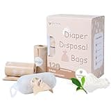 Diaper Bags Disposable for Baby, Biodegradeable Dirty Diaper Bags (8 Refill Rolls/120 Bags) with Dispenser | Leak Proof Diaper Trash Bags | Baby Poop Bags | Fresh Powder Scent