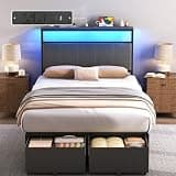 UHTN Twin Bed Frame with 2 Storage Drawers, Upholstered Headboard with Charging Station and LED Lights, Metal Platform Bed with Storage Shelf, Noise Free, No Box Spring Needed, Easy Assembly, Grey