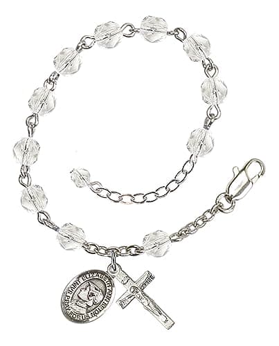 Bonyak Jewelry Adjustable Silver Plated 6mm Fire Poished Saint Elizabeth Ann Seton Rosary Bracelet - April Crystal