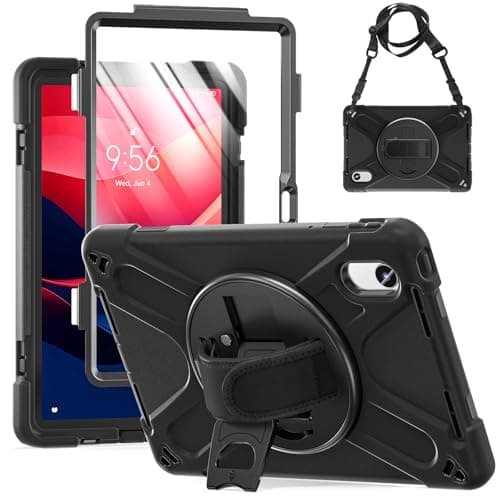 Case for Lenovo idea Tab 11" 2025, with Screen Protector+360 Rotating Hand Strap&Stand+Shoulder Strap (Black)