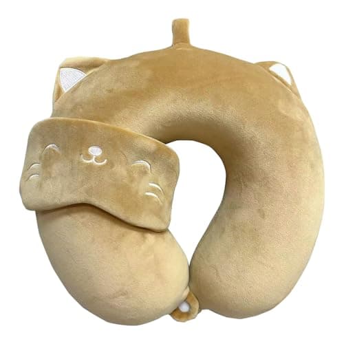 Sexysamba Cute Travel Pillow for Kids & Adults with Sleep Eye Mask - Memory Foam Sleeping Head Support Neck Pillows with Breathable Cover for Toddlers & Children Long Flights Car Rides,Khaki Cat