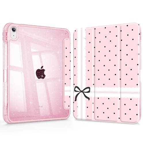 Mektron Glitter Case for 2025 iPad 11-inch A16 chip 11th Gen Fit 2022 iPad 10th Gen 10.9'', Sparkly Slim Cover with Shiny Clear Back Shell Foldable Bling Smart Cover - Bow Polka Dot-Pink