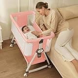 KOLOIO 3 in 1 Baby Bassinet, Stable Bedside Crib with 6 Adjustable Heights, Breathable Mesh Infant Bassinet with Mosquito Net, Lockable Wheels and Large Storage Basket