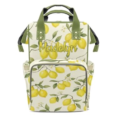 XOZOTY Personalized Name Diaper Backpack Watercolor Lemons Daypack Waterproof Nursing Baby Bag with Insulated Pockets for New Dad Mom