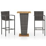 WDSAYREH 3 Piece Patio Bar Set Gray with Powder-Coated Steel Frame and PE Rattan, Acacia Wood Tabletop and Built-in Footrest for Outdoor Garden Terrace