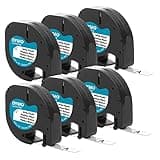 DYMO Authentic LT Plastic Labeling Tape for LetraTag Label Makers, 1/2" (12mm), Black Print On White Tape, 6-Pack