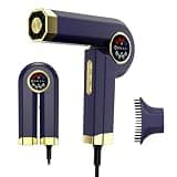ARVGORV Hair Dryer, 1400W High-Speed Blow Dryer with 110,000 RPM Motor, 200M Negative Ions, LED Display, Magnetic Nozzle, Foldable Travel Hair Dryer, Low Noise, 5.3Ft Cord, Blue
