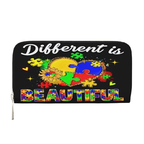 WAVMKSL Different Is Beautiful Autism Awareness Puzzle Wallet Elegant Long Clutch Zip Around Travel Leather Coin Purse Handbag for Men Women 7.9X3.9 Inch