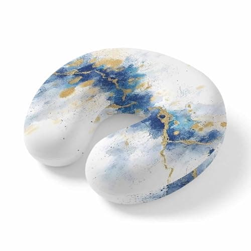 ZFUNCING Travel Pillows U-Shaped Neck Pillow Gold Blue Blooming Effect Ergonomic Memory Foam Pillow Head Cushion,Abstract Marble Texture Soft Portable Neck Pillows for Office Airplane Car Train