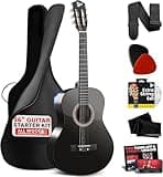 Pyle Classical Acoustic Guitar Kit, 3/4 Junior Size All Wood Instrument for Beginner Kids, Adults, 36" Glossy Black