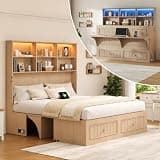 Queen Size Farmhouse Murphy Cabinet Bed with Desk & Bookcase Headboard, Space-Saving Bed Frame with RGB LED Lights, Built-in Charging Station & Storage Drawers for Bedroom, Natural Oak