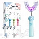 VEANXIN Kids U-Shaped Electric Toothbrush with 6 Brush Heads, Automatic 360° Sonic Cleaning, 3 Modes, IPX7 Waterproof, Cute Cartoon Design, Ages 6-12 (Blue)