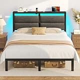 Rolanstar Full Size Bed Frame with Charging Station, LED Full Bed Frame with Upholstered Storage Headboard, Platform Bed with Metal Slats & Under Bed Storage, No Box Spring Needed, Noise Free, Grey