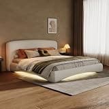 Merax Queen Size Curved Upholstered Platform Bed with Smart RGB Ambient Lighting, Cream Boucle Fabric Headboard, High Weight Capacity, Modern Bedroom Furniture, Cream