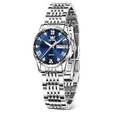 OLEVS Silver Watches for Women Blue Dial, Calendar Display - 316L Women's Stainless Steel Watch, Waterproof Elegant Ladies Analog Quartz Wristwatch Jewelry Gift for Her