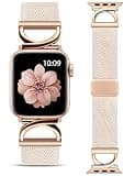 Minyee Stretchy Magnetic Band Compatible with Apple Watch 38/40/41/42mm Women, Elastic Nylon Dressy Designer C-Shape Metal Strap for iWatch Series 11 10 9 8 7 6 5 4 SE/Ultra 3 2 1,Starlight/Rose Gold