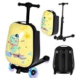 MOMOKOVA Detachable 4-in-1 Scooter Luggage for Kids, Foldable Hardside Ride-On Scooter Suitcase with Dinosaur Design & LED Wheels, Lightweight Travel Bag for All Ages (Yellow)