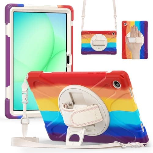 KAHITE Case for Galaxy Tab A11+ Plus 2025, with Screen Protector+360 Rotating Hand Strap&Stand+Shoulder Strap (C-Red, Galaxy Tab A11+)