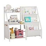 Zifone Kids Bookshelf and Toy Storage Organizer, Montessori Bookcase for Toddler Nursery, Wooden & Fabric Book Shelf with Anti-Tip Safety, White