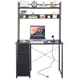 Aquzee Computer Desk with Drawers, 40 Inch Desk with Hutch, Computer Desk with Storage, Power Outlets & Bookshelves, Small Desk for Bedroom Living Room Home Office, Black