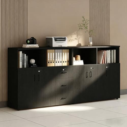 HSHBDDM File Cabinet with Password Lock, Wood Lateral Filing Cabinet for Letter/A4 Files, 3 Drawer with Door, Printer Stand with Open Shelves for Home Office