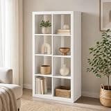 Furevol 8-Cube 2-Inch Super Thick Frame Bookcase, Cube Storage Organizer with Open Back, Reversible Bookshelf, 15.4 x 30.8 x 57.5, for Bedroom, Living Room, Home Office, White