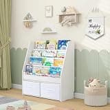MallBest Solid Wood Toddler Bookshelf with Storage Bins – Montessori-Inspired Front-Facing Book Rack for Kids, Ages 1-5, Easy Assembly, White