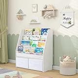 MallBest Solid Wood Toddler Bookshelf with Storage Bins – Montessori-Inspired Front-Facing Book Rack for Kids, Ages 1-5, Easy Assembly, White