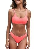 Fanuerg Women's Ribbed Bikini Sets Scoop Neck Cheeky Swimsuit Textured Two Piece Bathing Suit Coral Pink M