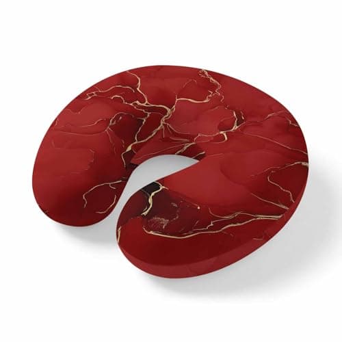 ZRNLTDGHK Neck Pillow Natural Red Marble Stone Gold Stripe Travel Pillow Memory Foam U Shaped Pillows, Abstract Liquid Texture Travel Neck Pillows for Airplane Car Office Home Sleeping Rest