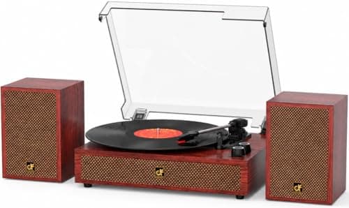 DANFI Audio Vinyl Record Player with Dual External Bookshelf Speakers, 3-Piece Mid Century Modern Red Wood Turntable System, Wireless Bluetooth Input, Auto-Stop, RCA, Home Audio Stereo LP Player