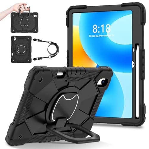 FONREST Rugged Kid Case for Huawei MatePad 11.5 (2023/2024)/Air (2023) w/M-Pencil Holder 360° Rotating Hanging Ring Handle Kickstand Shoulder Strap, Heavy Duty Shock-Proof Armor Cover (Black)