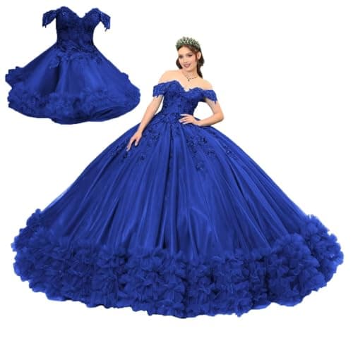Ftupza Lace Quinceanera Dresses 2 in 1 Detachable Royal Blue Ball Gown with Train Floral Ruffle Tulle Sweet 16 Dress Luxury Vestido De 15 Años 16