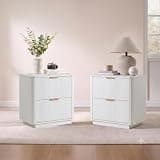 Fluted Nightstand Set of 2 with Charging Station, Wood Bedside Table with 2 Drawers, Modern Night Stands for Bedroom (White)