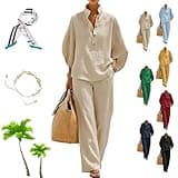 ayattecy Women’s Batwing Sleeve Linen Cotton Two-Piece Set - Plus Size Casual Stand Collar Shirt Wide Leg Pants Outfits