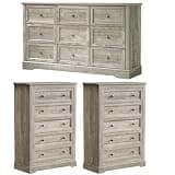 LOUVIXA Farmhouse Bedroom Sets of 4, Including 9 Drawer Dresser, 5 Drawer Dressers and Nightstand Set of 2 with Charging Station (Grey Sets, 3 Pieces-9 Drawer+5 Drawer Set of 2)