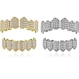 Soulchen 2 Set Vampire Teeth Silver Gold Diamond Grills for Your Teeth for Men Women 18k Gold Plated Hip Hop Rapper Costume Halloween Cosplay Extra Molding Bars
