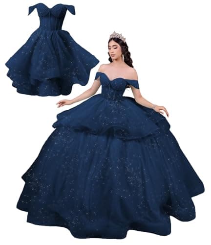 Ftupza Puffy Layered Tulle Navy Blue Quinceanera Dresses 2 in 1 Detachable Off Shoulder Beaded Ball Gown Sweet 15 16 Dresses for Party 10