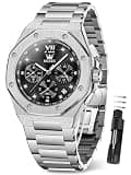 OLEVS Mens Silver Watch Black Face Mens Luxury Watches Stainless Steel Dress Waterproof Diamond Black and Silver Watches for Men Chronograph Men's Wrist Watch with Day Big Dial Relojes para Hombres