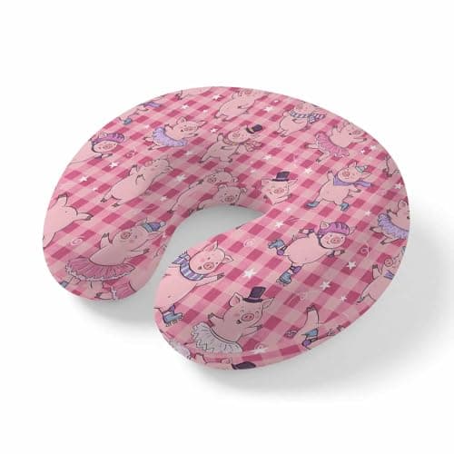 Yaiikkvbaa Pink Pigs Neck Pillow Memory Foam U Shaped Travel Pillow, Checkered Farmhouse Art Plaid Elegant Animals Neck Support Pillows Decorative Headrest Cushion for Airplane Sleeping Car Office